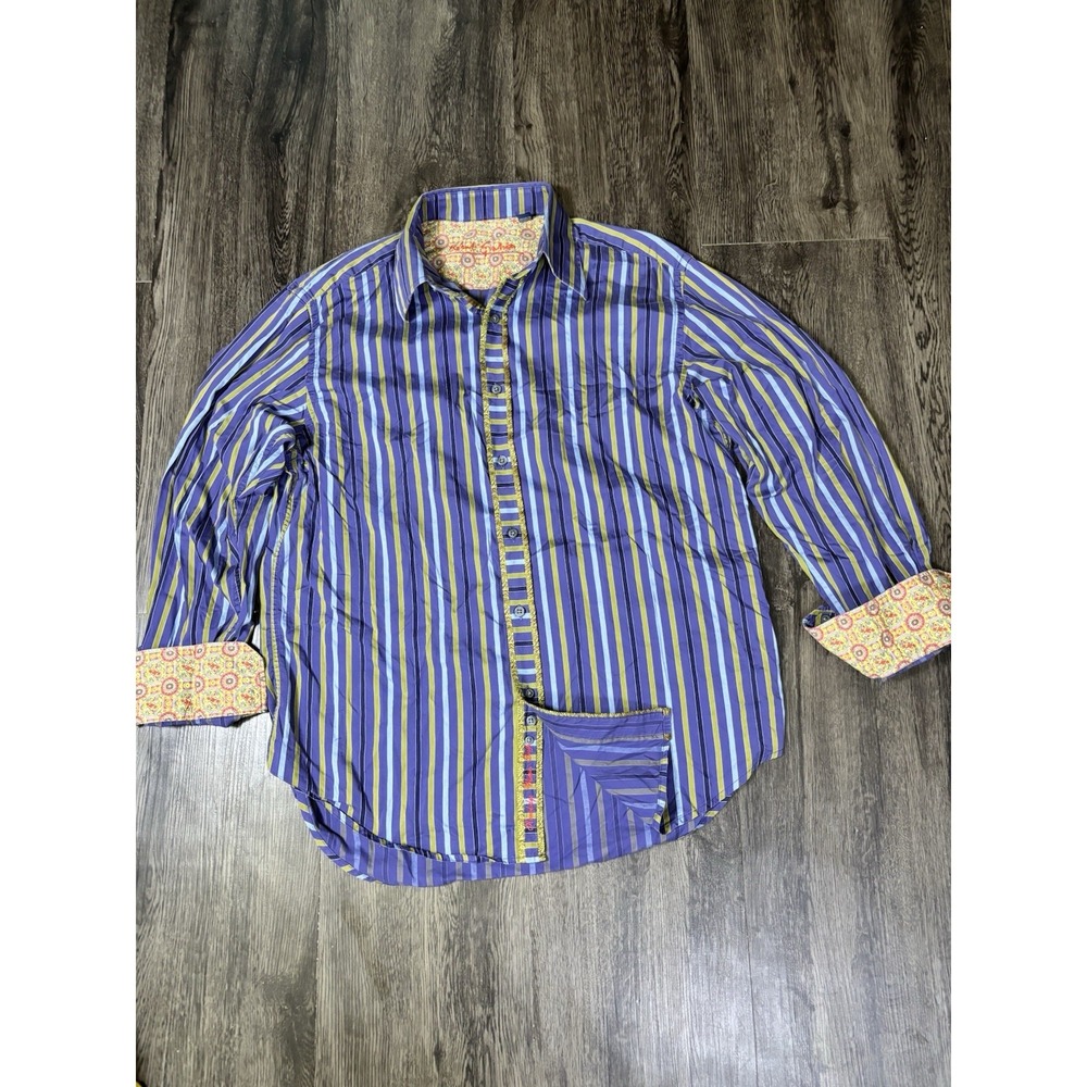 Robert Graham Shirt Mens XL Long Sleeve Striped Button Flip Cuffs Floral Purple
